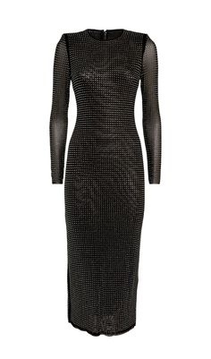 ENBELLISHED MESH MIDI DRESS IN BLACK Holiday Evening Bodycon Midi Dress, Fitted Midi Dress For Fall Dinner, Glamorous Winter Evening Dresses, Fitted Long Sleeve Evening Dress For Winter, Dressy Evening Dresses For Winter, Winter Evening Long Sleeve Fitted Dress, Winter Evening Fitted Midi Dress, Glamorous Knee-length Winter Dresses, Winter Evening Midi-length Bodycon Dress