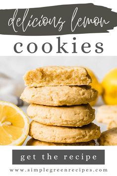 Stack of lemon cookies with a bitten cookie on top. Vegan Lemon Cookies, Super Cookies, Vegetarian Meals For Kids, Delicious Gluten Free Recipes, Delicious Cookie Recipes, Lemon Cookies, 100 Calories, Delicious Vegetarian