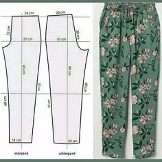 the sewing pattern is shown with measurements and measurements for each item, including pants that have flowers on them