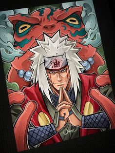 the character naruto is holding his hand up to his mouth while standing in front of a red demon