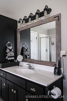 a bathroom with black and white decor on the vanity, mirror, and toilet paper dispenser