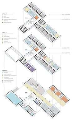 the floor plan for an office building with multiple levels and different rooms, including two floors