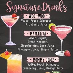 the menu for signature drinks is shown on a chalkboard with pink and white lettering