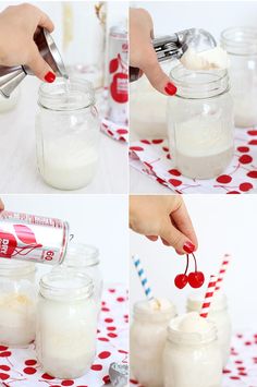 the process of making whipped cream in mason jars with cherry juice being drizzled on top