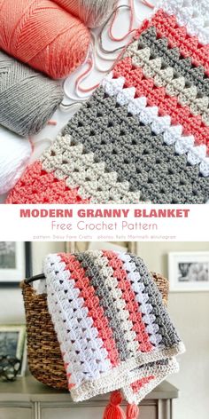 crocheted granny granny blanket with yarn on top and the text overlay reads, modern granny blanket free crochet pattern