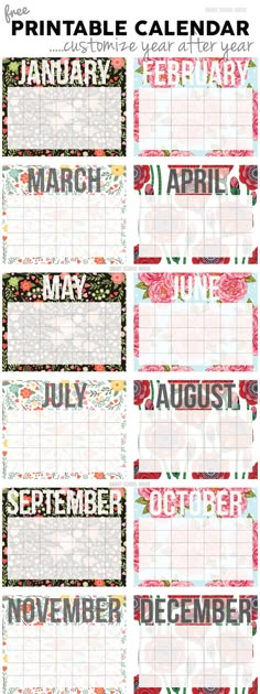 printable calendars for the month of november and december with floral designs on them