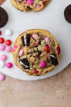 chocolate chip cookies with m & m candy on top