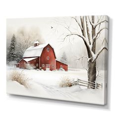 a painting of a red barn in winter with snow on the ground and trees around it