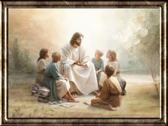 a painting of jesus surrounded by children sitting on the ground in front of him and holding his hands together