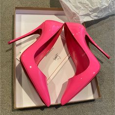 Pink Patent Leather Pumps From Christian Louboutin. The So Kate Pumps Feature A Pointed Toe And Is Mounted On A Slim Stiletto Heel Measuring 120mm. Comes With Original Packaging As Pictured. Extra Heel Caps W/Dust Bag Original Sales Receipt Card Original Box * Does Not Include Dust Bag For Shoes* Gently Used! As Pictured! In New Condition With Minor Marks On Soles, As Pictured! Signature Red Leather Sole Size: 36.5. True To Size Made In Italy Purchased 10/30/2022 Sales Receipt, Girls Heels, So Kate, Heel Caps, Patent Leather Pumps, Barbie Girl, Shoes Shoes, Leather Pumps, Christian Louboutin Shoes