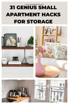 there are pictures of small apartment hacks for storage