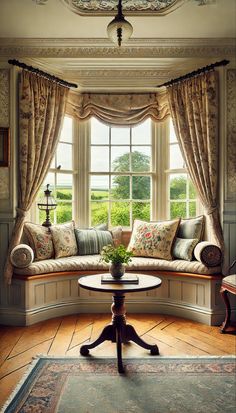 a living room filled with furniture next to a window covered in curtains and drapes