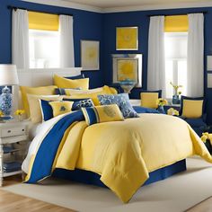 a bedroom with blue walls and yellow bedding