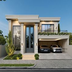 two cars are parked in front of a house