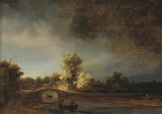 an oil painting of a river scene with a bridge