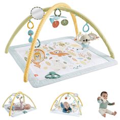 a baby playing with toys in the shape of a play mat and various images of it