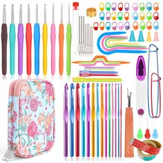 the contents of an assortment of crafting supplies including crochet hooks, scissors and knitting needles