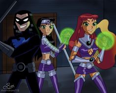 three cartoon characters dressed in costumes and holding swords