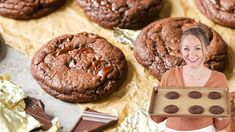 a woman holding a tray with chocolate cookies on it next to other cookies and ice cream