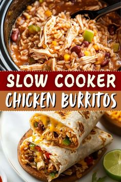 slow cooker chicken burritos in a crock pot with lime slices on the side