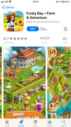 the app for farm town is shown in three different screens