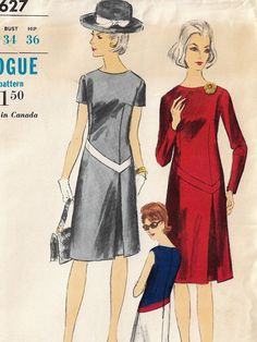 One Piece Dress. Semi-fitted dress in three versions has contrast or self band applied at low, asymmetrical waistline. Straight skirt has side front inverted pleat. Long or very short sleeves, or sleeveless. Version C has contrast bodice, band and skirt. Pattern printed by Vogue in 1965, and is in factory folds.  This is an original sewing pattern with all of the original pattern pieces and instructions. This is NOT a PDF or copy, and is NOT the actual garment. Size 14 (today's size 12) Bust 34 1960s Clothes, 60s Patterns, 1970s Sewing Patterns, 1960s Outfits, Vintage Dress Patterns, Casual Wear Dress, Vogue Sewing, Old Dresses, Vogue Sewing Patterns