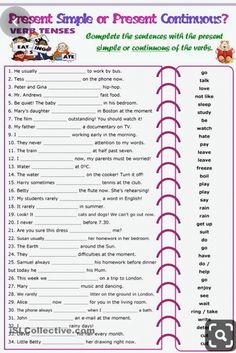 a printable worksheet with words and pictures for present or present continuousness