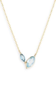 Marquise-shaped Swiss blue topaz and London blue topaz sparkle side by side on this delicate chain necklace handcrafted from 14-karat gold. 14k gold/Swiss blue topaz/London blue topaz Imported Swiss Blue Topaz Necklace, Blue Topaz Pendant Necklace, December Birthstone Jewelry, Blue Topaz Jewelry, Blue Topaz Necklace, Blue Topaz Pendant, Aquamarine Necklace, Aquamarine Jewelry, Swiss Blue Topaz