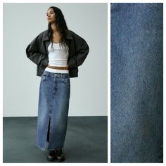 Nwt. Zara Blue Low-Rise Trf Denim Maxi Skirt With Boxer Detail, Five-Pockets Style, Front Zipper And Metal Closure, Front Split. Size S. Ref. 6688/205. Waist 14-16" Flat, Length 39". Do4 Denim Maxi, Zara Skirts, Denim Maxi Skirt, Women Skirts Midi, Front Zipper, Low Rise, Maxi Skirt, Midi Skirt, Womens Skirt