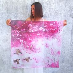 Square silk scarf Cherry Blossom & Sparrows, hand painted in pink & white color set. This sakura scarves is ready to be shipped. Size: approximately 34 by 34 inches (88 by 88 cm) Silk: pure Habotai Light, semi transparent and a bit glossy. This amazingly delicate and lightweight. It will make you feel wonderfully cool and fresh: silk lets your skin breaths and it covers you from sun or cool wind. This scarf was painted with gradient pink color set: from white, bright baby pink to dark pu Handmade Pink Silk Scarf, Pink Floral Print Scarves As Gift, Pink Floral Print Scarf As Gift, Pink Floral Print Scarf For Gift, Handmade Pink Silk Scarves, Pink Hand Painted Silk Scarves, Artistic Pink Silk Scarf, White Artistic Scarves For Spring, Artistic White Scarf For Spring