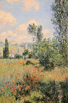 a painting of flowers and trees in a field