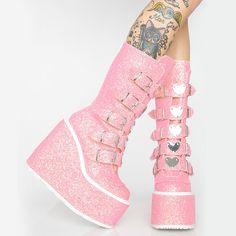 Combat Women, Goth Platforms, Korea Południowa, Pink Goth, Glitter Boots, Pink Boots, High Heel Wedges, Buckle Boots, Women Boots