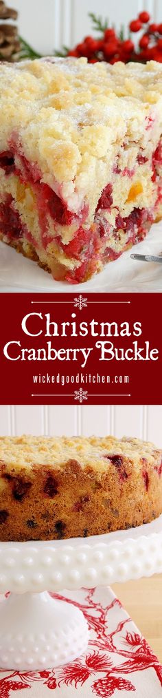 christmas cranberry buckle cake on a white plate