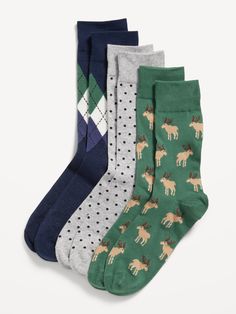 pack includes 3 pairs of socks in different prints rib-knit cuffs notched toe and heel seams for comfort statement prints vary one size Cool Socks For Men, Silly Socks, Holiday Gifts For Men, Christmas Lists, Pajamas Gift, Fun Socks, Socks Men, Old Navy Men, Novelty Socks