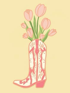 a drawing of a cowboy boot with pink flowers in it's side, on a yellow background