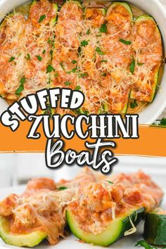 stuffed zucchini boats in a white dish with the title overlay reading stuffed zucchini boats