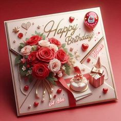 a happy birthday card with roses and gifts on the front, sitting on a red surface