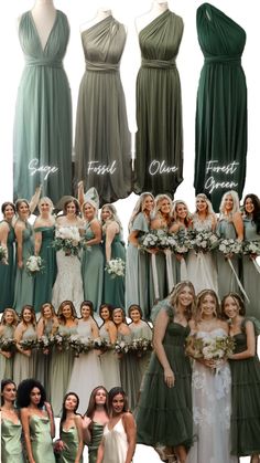 the bridesmaids are all dressed in green and white gowns with their names on them