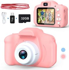 a pink digital camera next to a usb cable