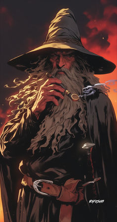 the wizard is holding his hand to his mouth while standing in front of an orange sky