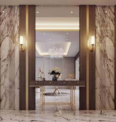 an elegant dressing room with marble floors and walls