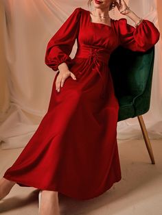 Burgundy Elegant Collar Long Sleeve Fabric Plain A Line Embellished Non-Stretch Spring/Fall Women Clothing Elegant Silk Dresses, Long Sleeve Satin Dress, Red Dress Sleeves, Maternity Clothes Fashionable, Women Dresses Classy, Silk Dress Long, Lantern Sleeve Dress, Shein Dress, Women Long Dresses