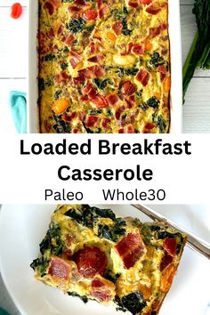 Paleo Breakfast Casserole in a white rectangular dish and a rectangular slice on a white plate with a fork Whole30 Breakfast Casserole, Paleo Breakfast Sausage, Breakfast Casserole With Bacon, Dairy Free Breakfast Casserole, Easy Paleo Breakfast, Paleo Breakfast Casserole, Sausage And Eggs, Bacon Kale, Easiest Breakfast