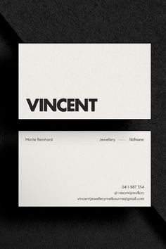 a black and white business card with the word vinent on it's side