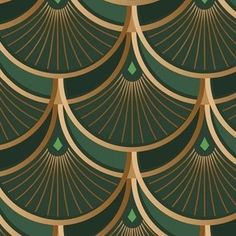 an image of green and gold wallpaper with wavy lines on it's sides