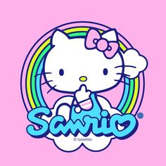 hello kitty wallpaper with the word sanrio in blue and white on a pink background