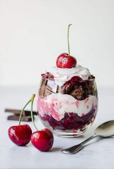 an ice cream sundae with cherries and whipped cream