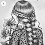 a drawing of a girl with long hair and braids, holding flowers in her hand