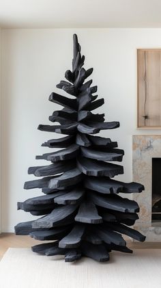 a large wooden christmas tree sitting on top of a white rug