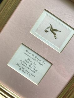 two framed pictures with writing on them in a gold and pink frame next to each other